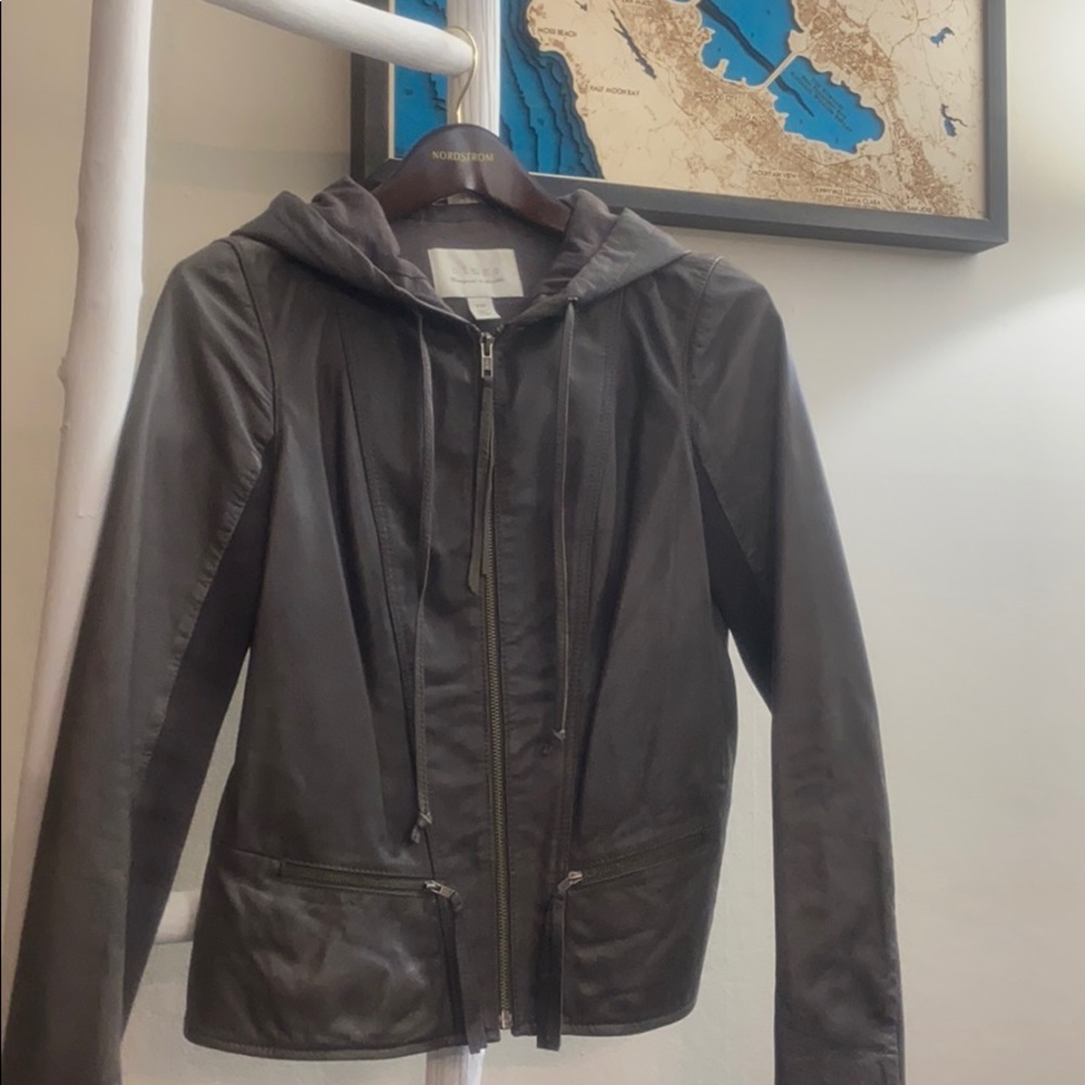 Hinge Hooded Leather Jacket Gray Kitten xxs